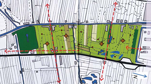 Land Art Delft - schematische plattegrond - A13 onder, de Schie bovenaan het plangebied